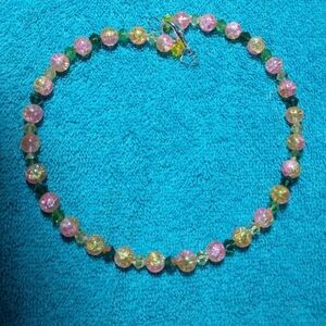 Pink yellow green beaded handmade wire necklace cracked glass beads